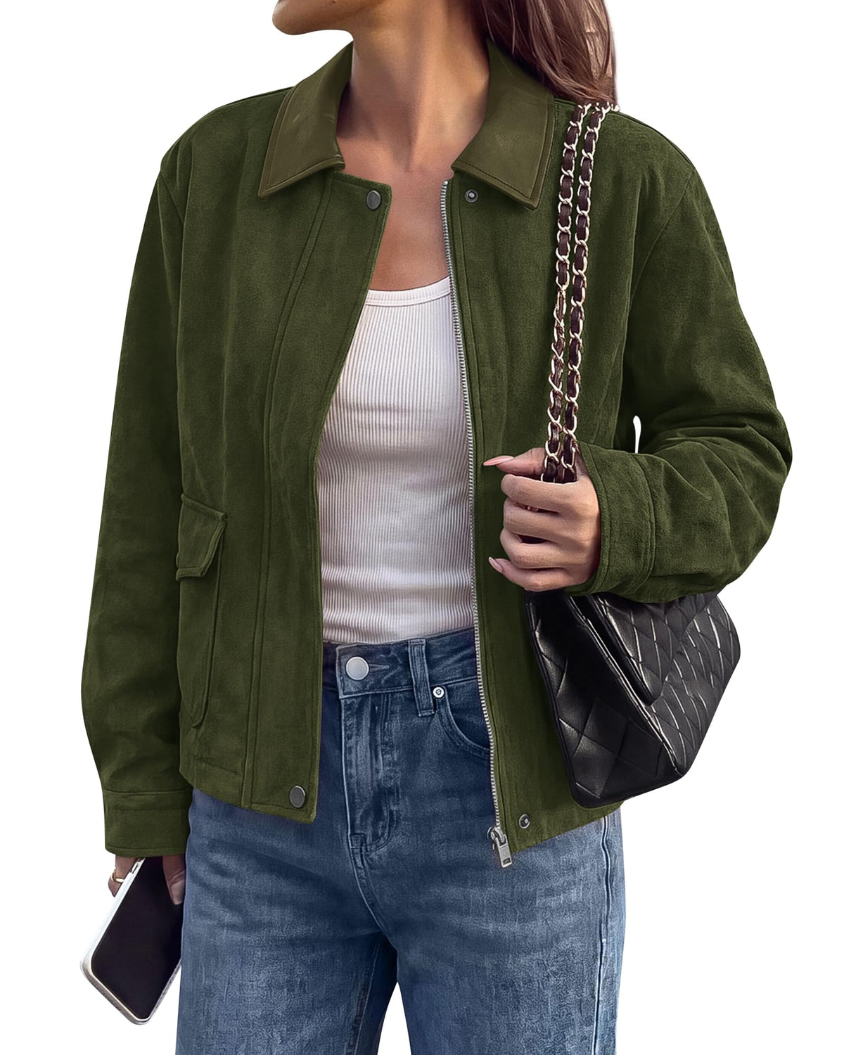 BTFBM Faux Suede Jacket Women Leather Lapel Zip Up Fall Outfits Button Down Long Sleeve Outerwear With Flap Pockets, Early Winter Coats, Motorcycle Jackets, Western Country Concert Outfits