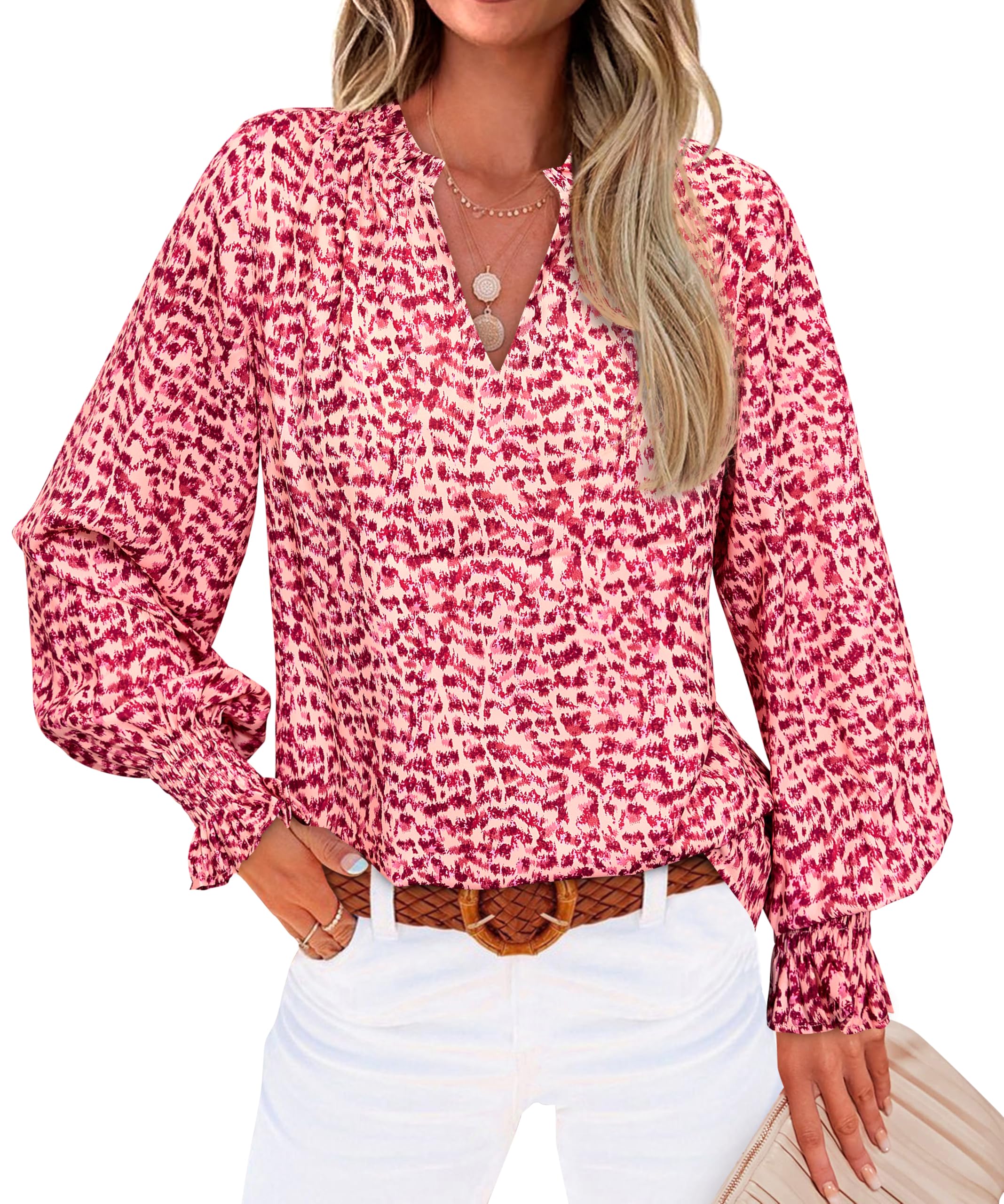 FreshPretty Womens V Neck Floral Long Sleeve Tops Summer Casual Loose Puff Sleeve Chiffon Boho Work Blouse Dressy T Shirts
