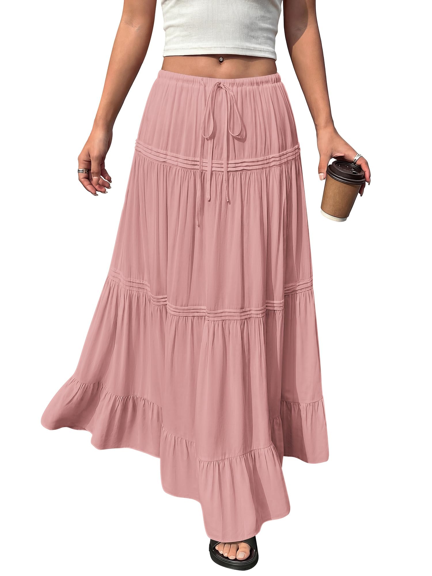 BTFBM Spring Skirts for Women Summer Boho Beach Vacation Clothes Casual Pleated High Waisted Flowy Maxi Skirt
