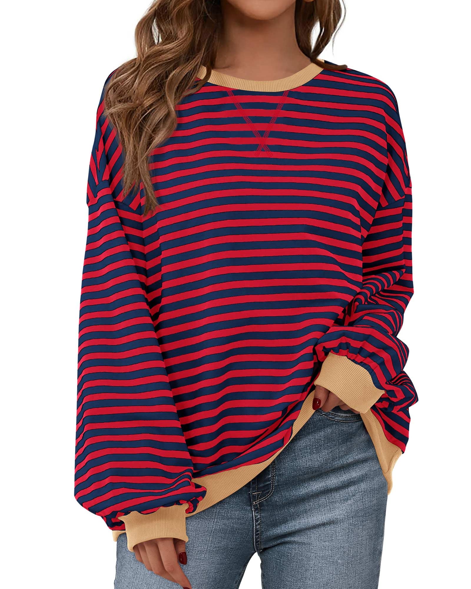BTFBM Sweatshirt For Women Summer Crewneck Long Sleeve Oversized Striped Pullover Tops Y2K Clothes Workout Shirt