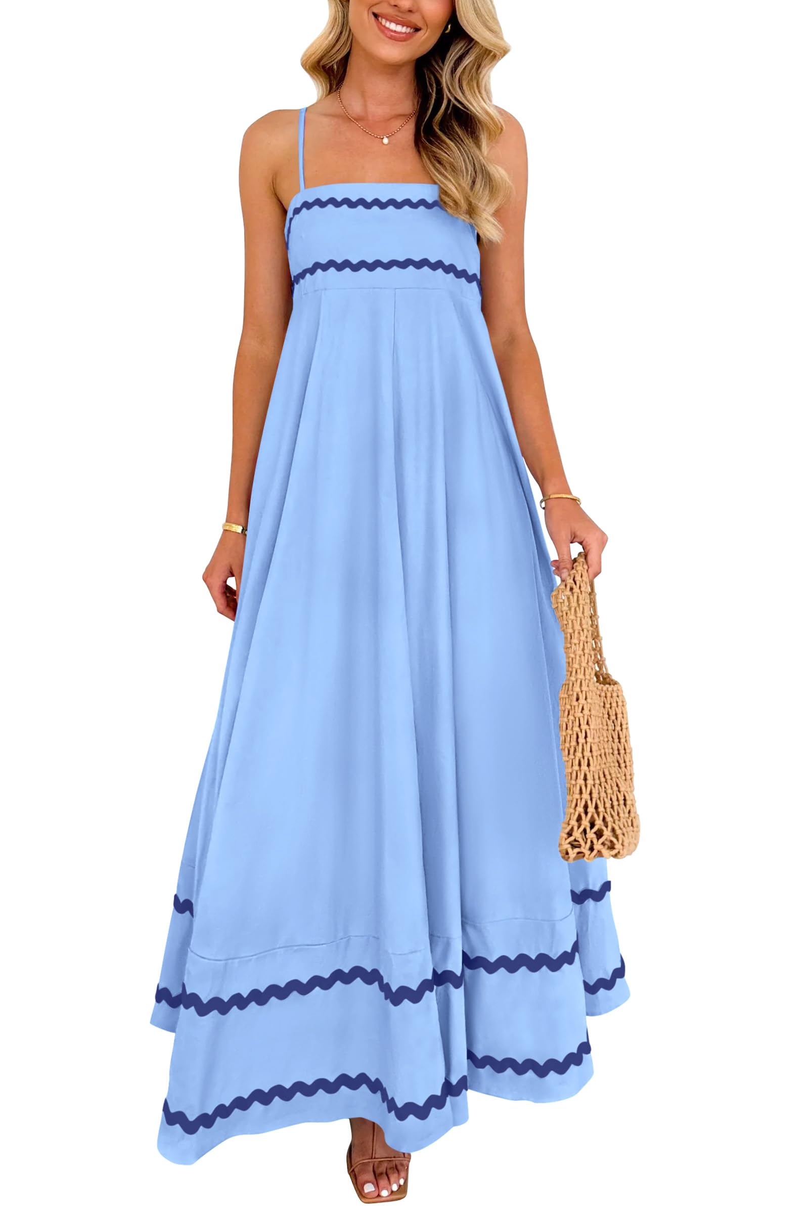 PRETTYGARDEN Women's Summer Flowy Maxi Dress Casual Sleeveless Spaghetti Strap Ruffle Beach Long Dresses