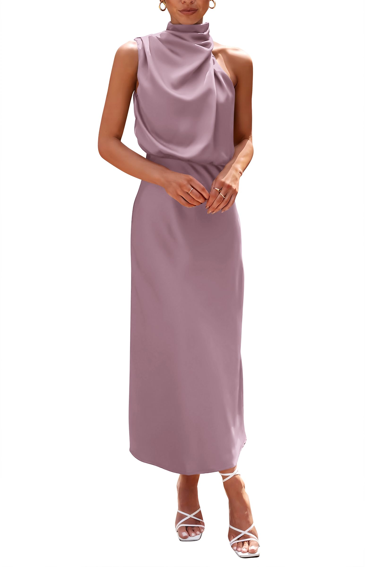 PRETTYGARDEN Women's Summer Satin Dress Elegant Sleeveless Mock Neck Cocktail Party Maxi Dresses