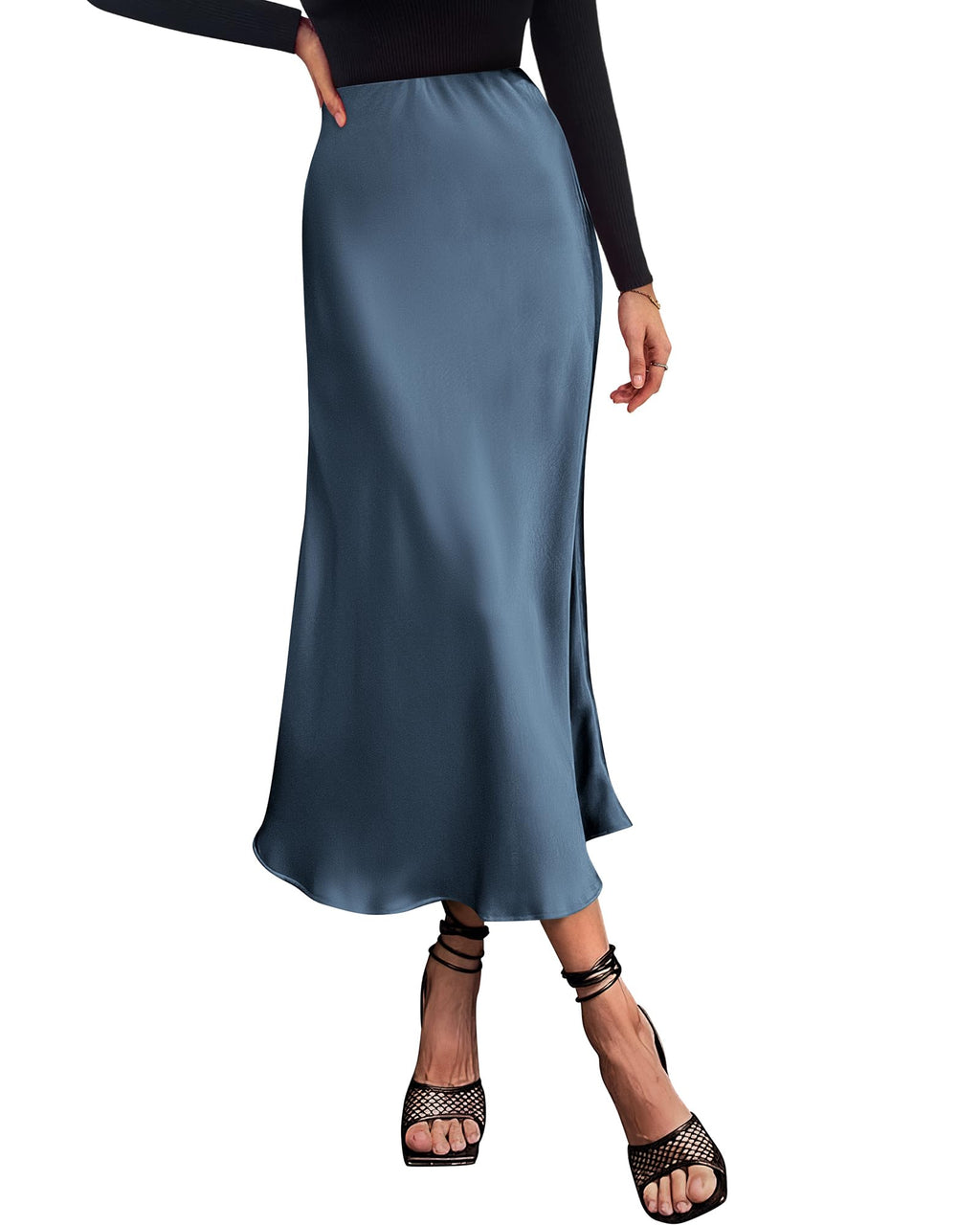 BTFBM Summer Womens Skirts Silk Elegant High Waist Flowy Long Satin A-Line Midi Skirt Cocktail Wedding Party