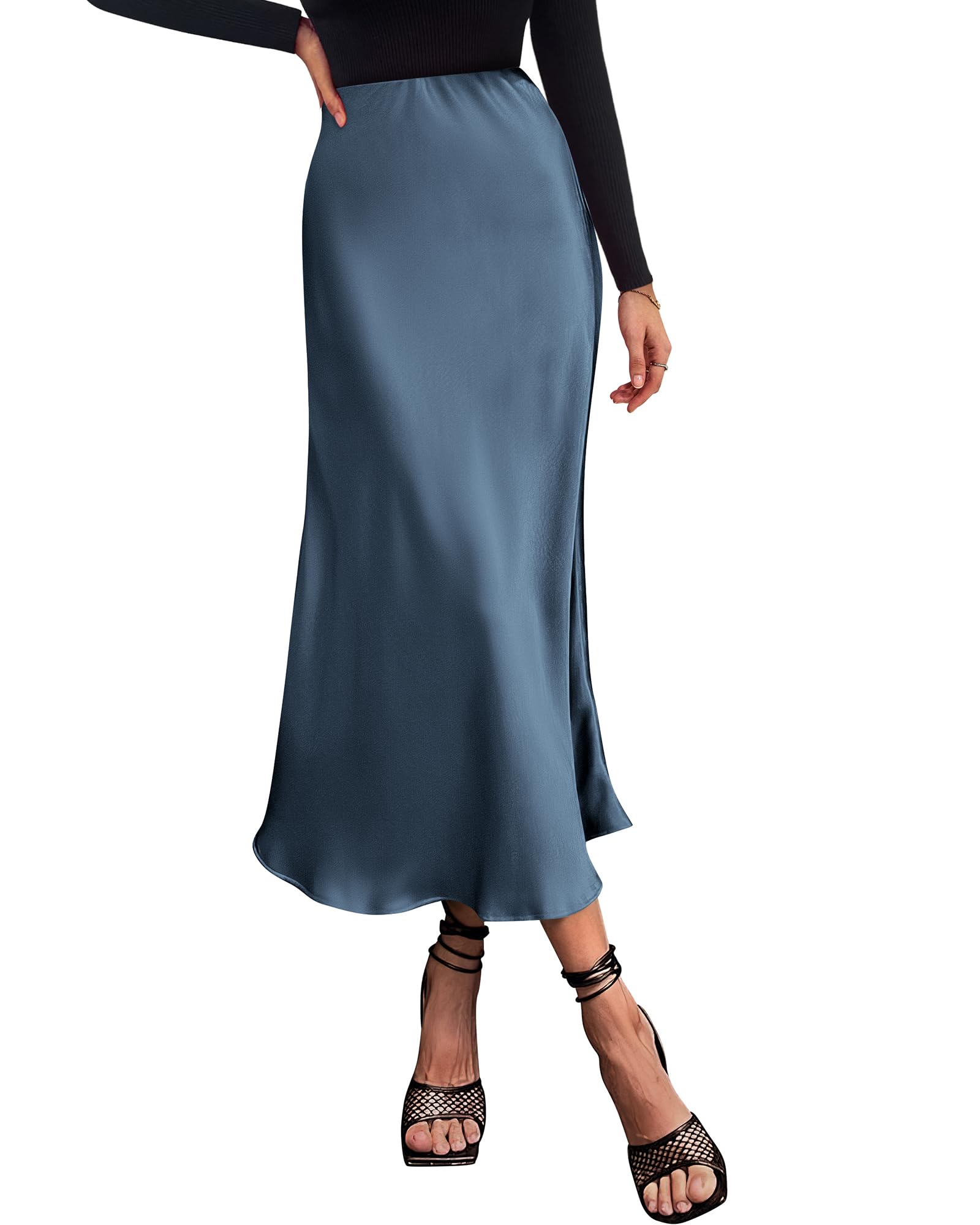 BTFBM Summer Womens Skirts Silk Elegant High Waist Flowy Long Satin A-Line Midi Skirt Cocktail Wedding Party