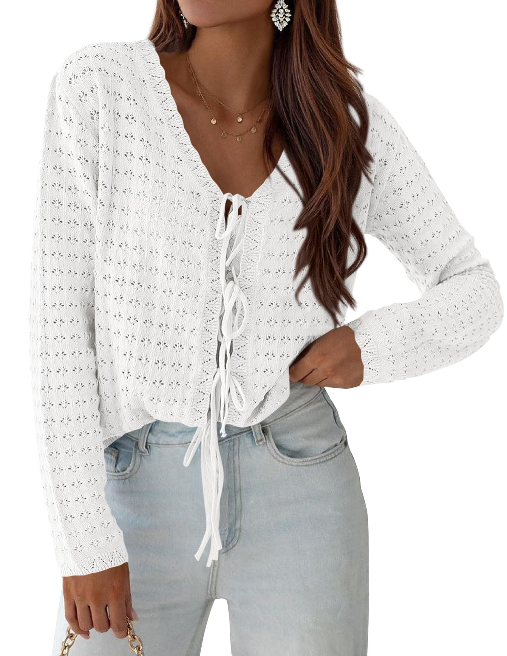 PRETTYGARDEN Crochet Cardigan Sweaters for Women Trendy Spring Summer Long Sleeve Tie Front Tops Boho Beach Vacation Clothes