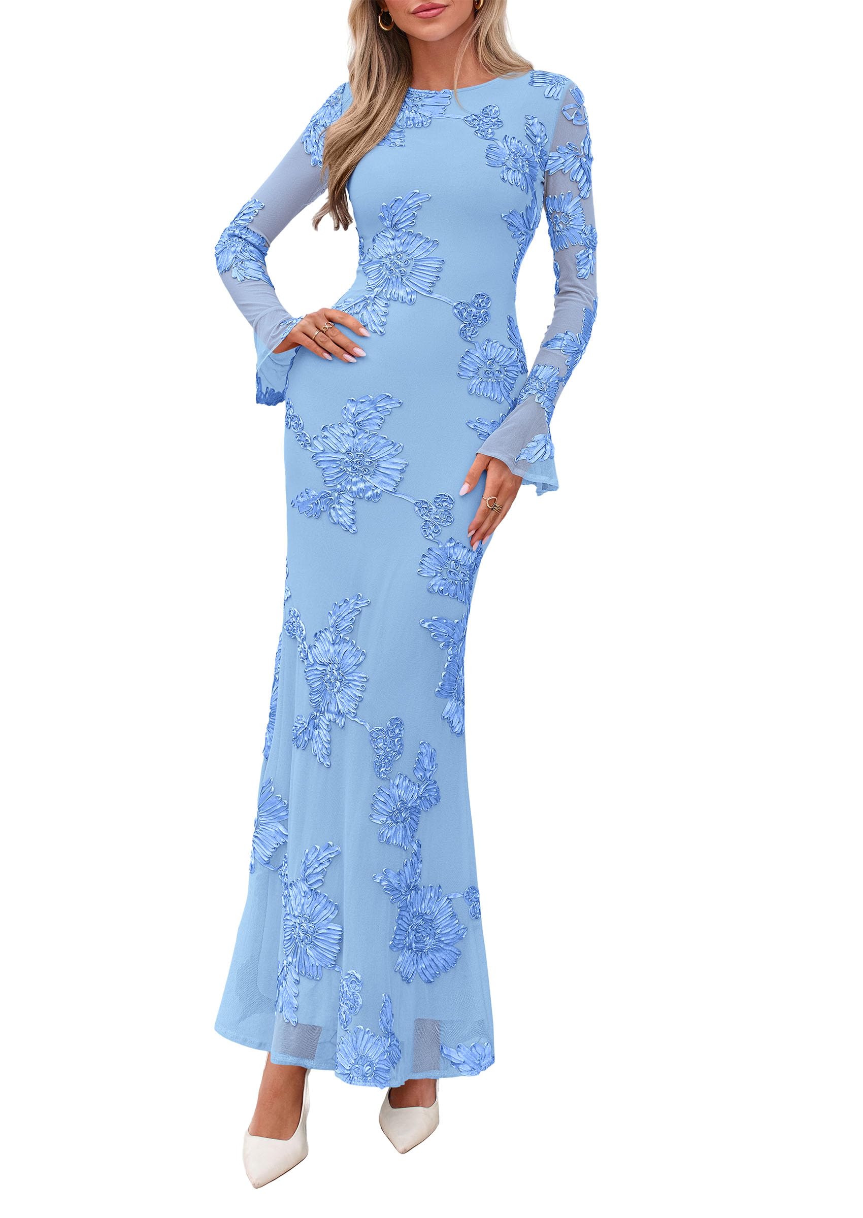 PRETTYGARDEN Women's Formal Floral Maxi Bodycon Dresses Ruffle Long Sleeve, Fall Winter Outfits 2026 for Wedding Guest, Homecoming & Cocktail, Slimming Mesh Dress with Lining