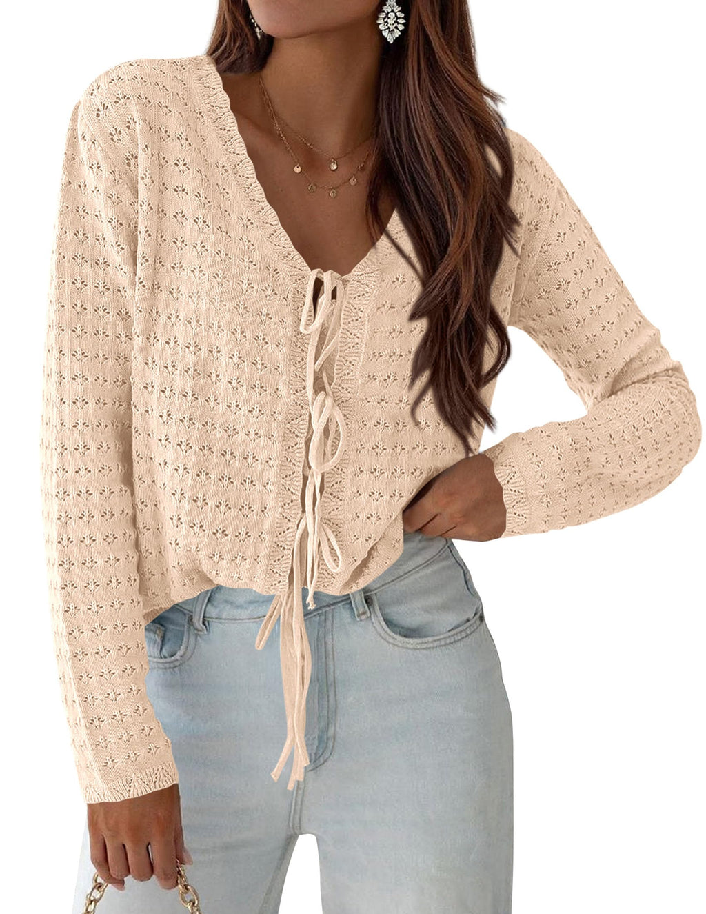 PRETTYGARDEN Crochet Cardigan Sweaters for Women Trendy Spring Summer Long Sleeve Tie Front Tops Boho Beach Vacation Clothes
