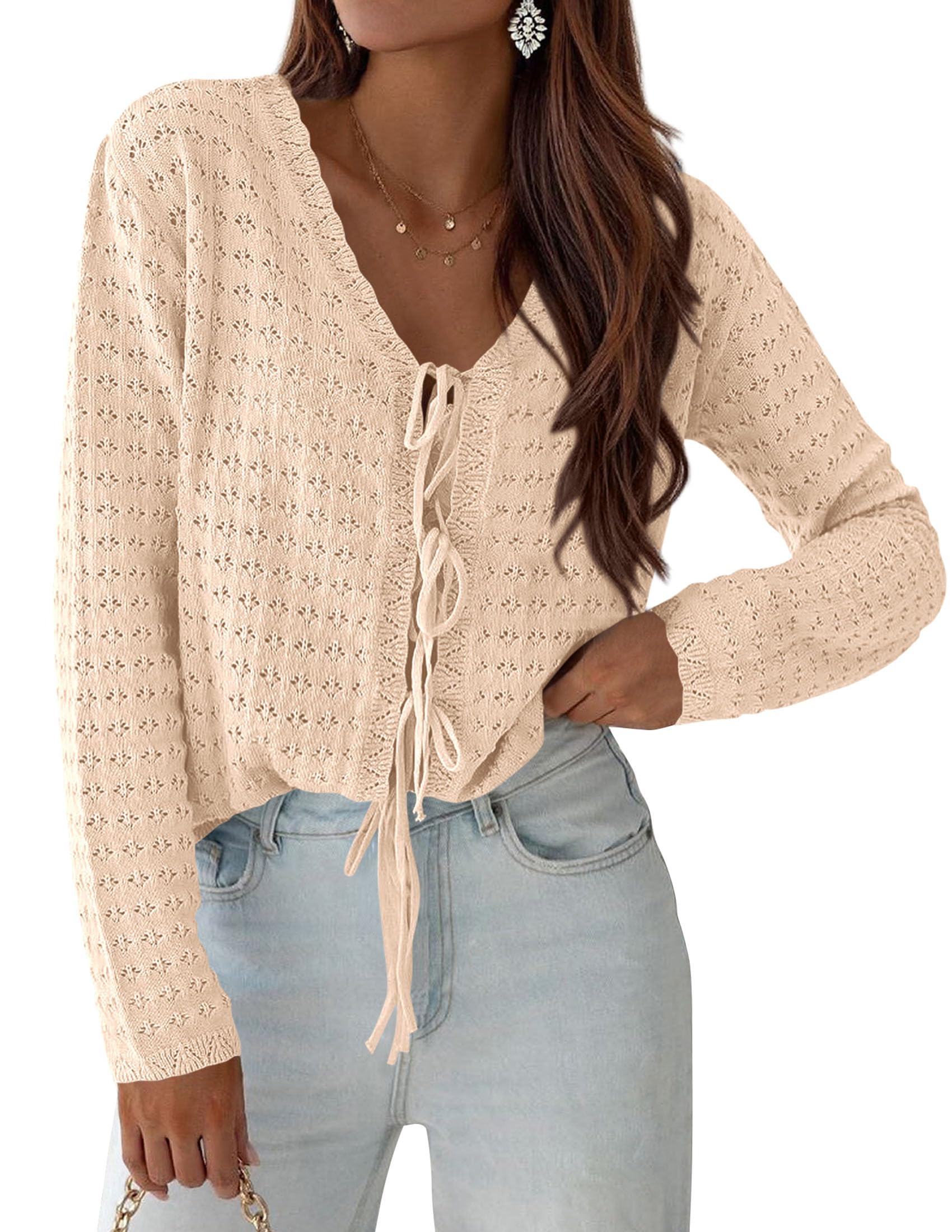 PRETTYGARDEN Crochet Cardigan Sweaters for Women Trendy Spring Summer Long Sleeve Tie Front Tops Boho Beach Vacation Clothes