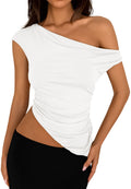 PRETTYGARDEN Womens Summer Off The Shoulder Crop Tops Sleeveless One Shoulder Ruched Asymmetrical Y2K Going Out Tank Top