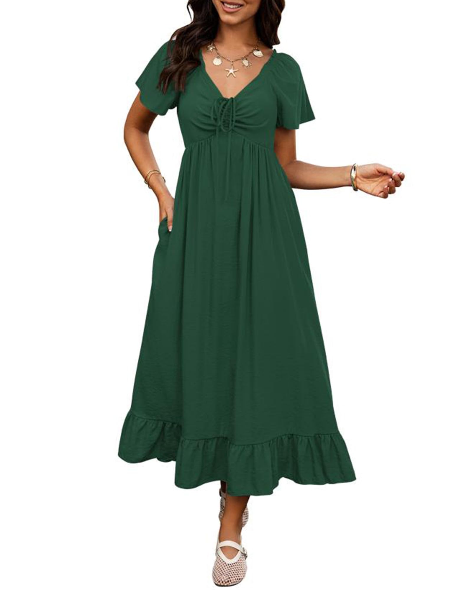 BTFBM Womens Spring Dresses Casual Short Sleeve V Neck Drawstring Wedding Guest Maxi Dresses Boho Beach Long Dress