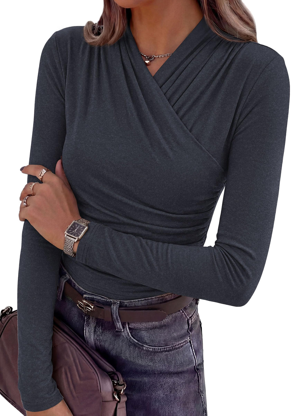 PRETTYGARDEN Womens Long Sleeve Shirts Going Out Wrap Top | Soft Heathered Stretchy Viscose Fitted Blouse, V Neck Ruched Waist Dressy Tops, Office Business Casual Fall Winter Daily Wear