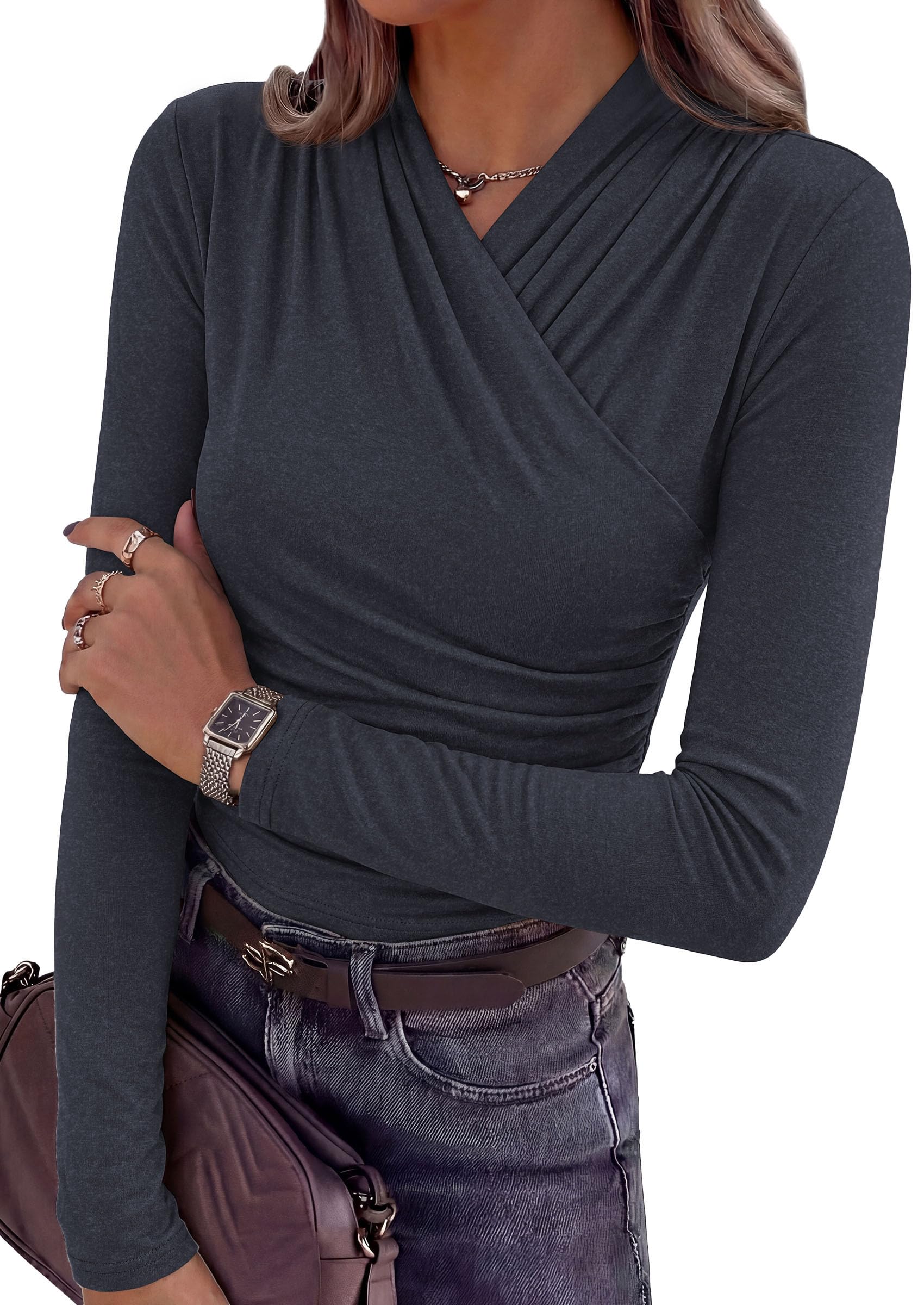 PRETTYGARDEN Womens Long Sleeve Shirts Going Out Wrap Top | Soft Heathered Stretchy Viscose Fitted Blouse, V Neck Ruched Waist Dressy Tops, Office Business Casual Fall Winter Daily Wear