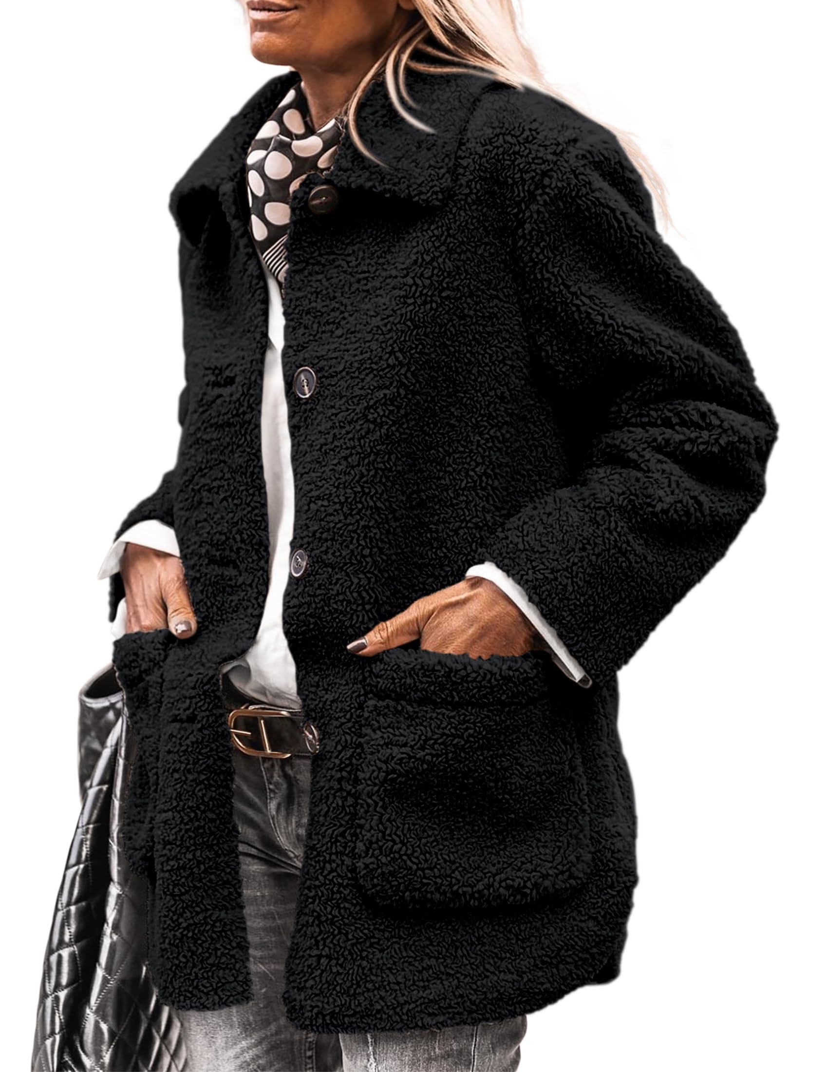 PRETTYGARDEN Women's Winter Faux Fur Coats Long Sleeve Lapel Button Down Pockets Fleece Sherpa Jacket Casual Trendy Outerwear