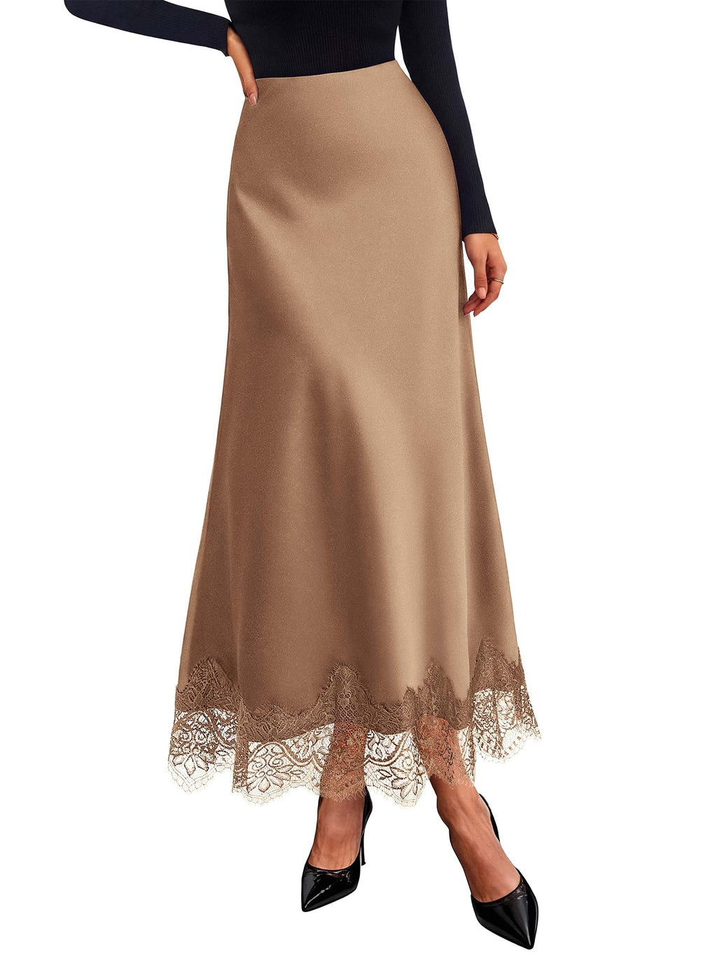 BTFBM Lace Trim Satin Skirts for Women Elegant | Lightweight, High Waist, A-Line, Flowy Maxi Skirt, Wedding, Cocktail, Graduation, Holiday Outfits, Fall Fashion Clothing