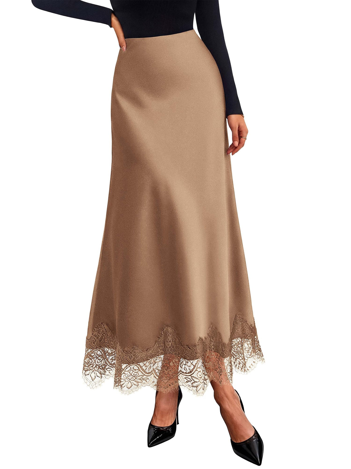 BTFBM Lace Trim Satin Skirts for Women Elegant | Lightweight, High Waist, A-Line, Flowy Maxi Skirt, Wedding, Cocktail, Graduation, Holiday Outfits, Fall Fashion Clothing