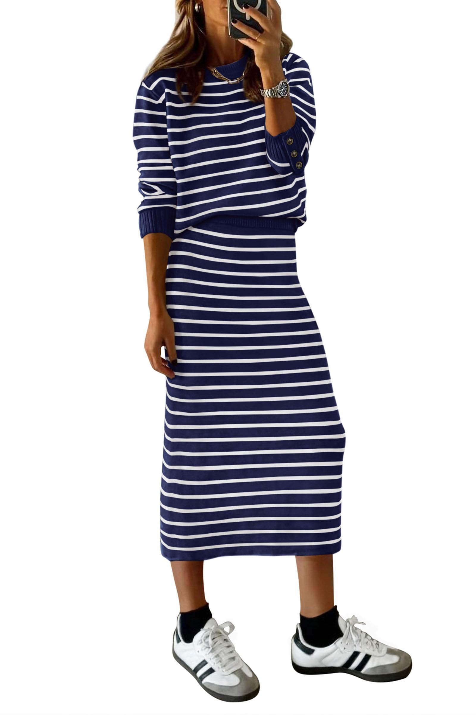 PRETTYGARDEN 2 Piece Skirts Sets For Women Fall Fashion Striped Sweater Dress Knit Lounge Travel Outfits Winter Clothing