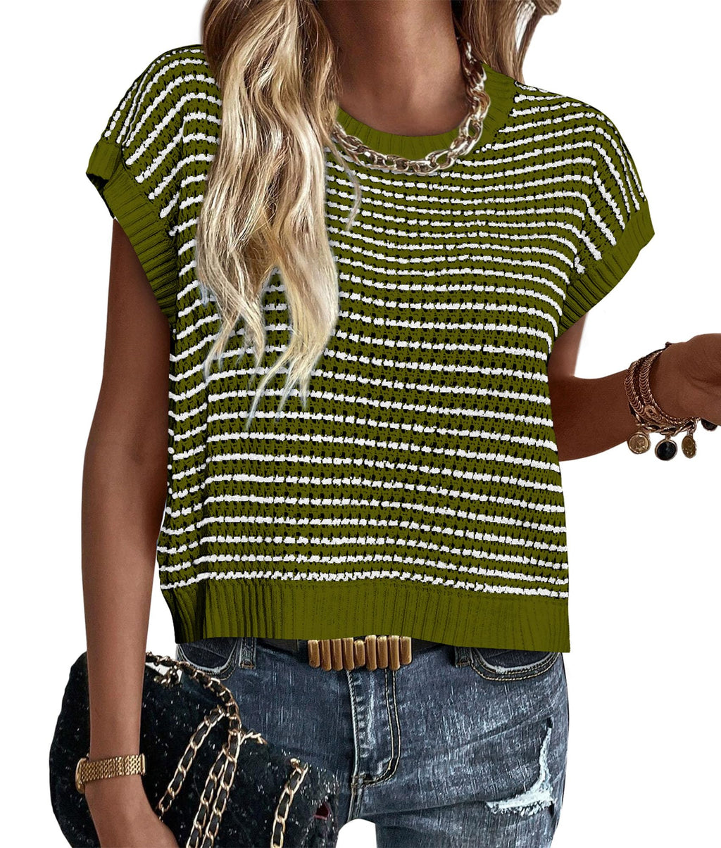 PRETTYGARDEN Womens Short Sleeve Sweater Spring Summer Round Neck Striped Pullover Cap Sleeve Knit Sweater Vest Tops