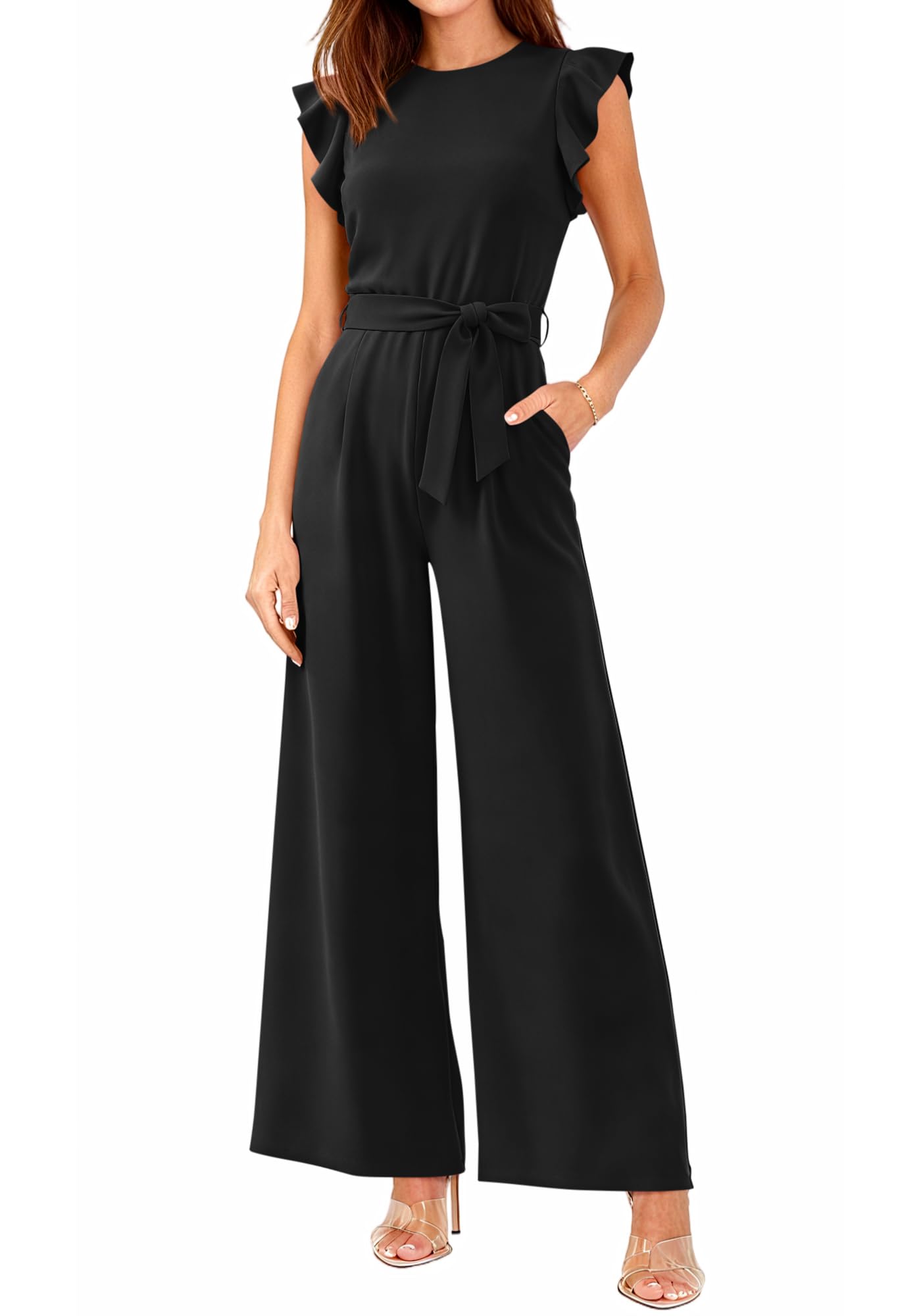 BTFBM Jumpsuits For Women Crew Neck Dressy Cap Sleeve Belted High Waist Wide Leg Romper One Piece Casual Outfits Pockets