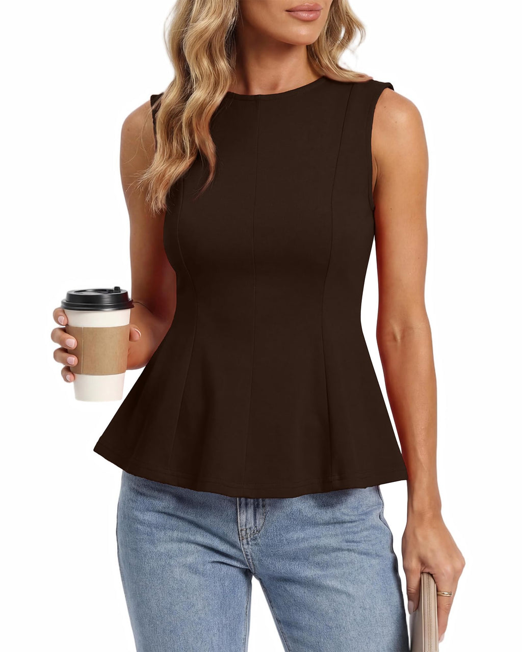 BTFBM Womens Summer Tops Business Casual Outfits Crew Neck Sleeveless Shirts Slim Fit Peplum Tank Top