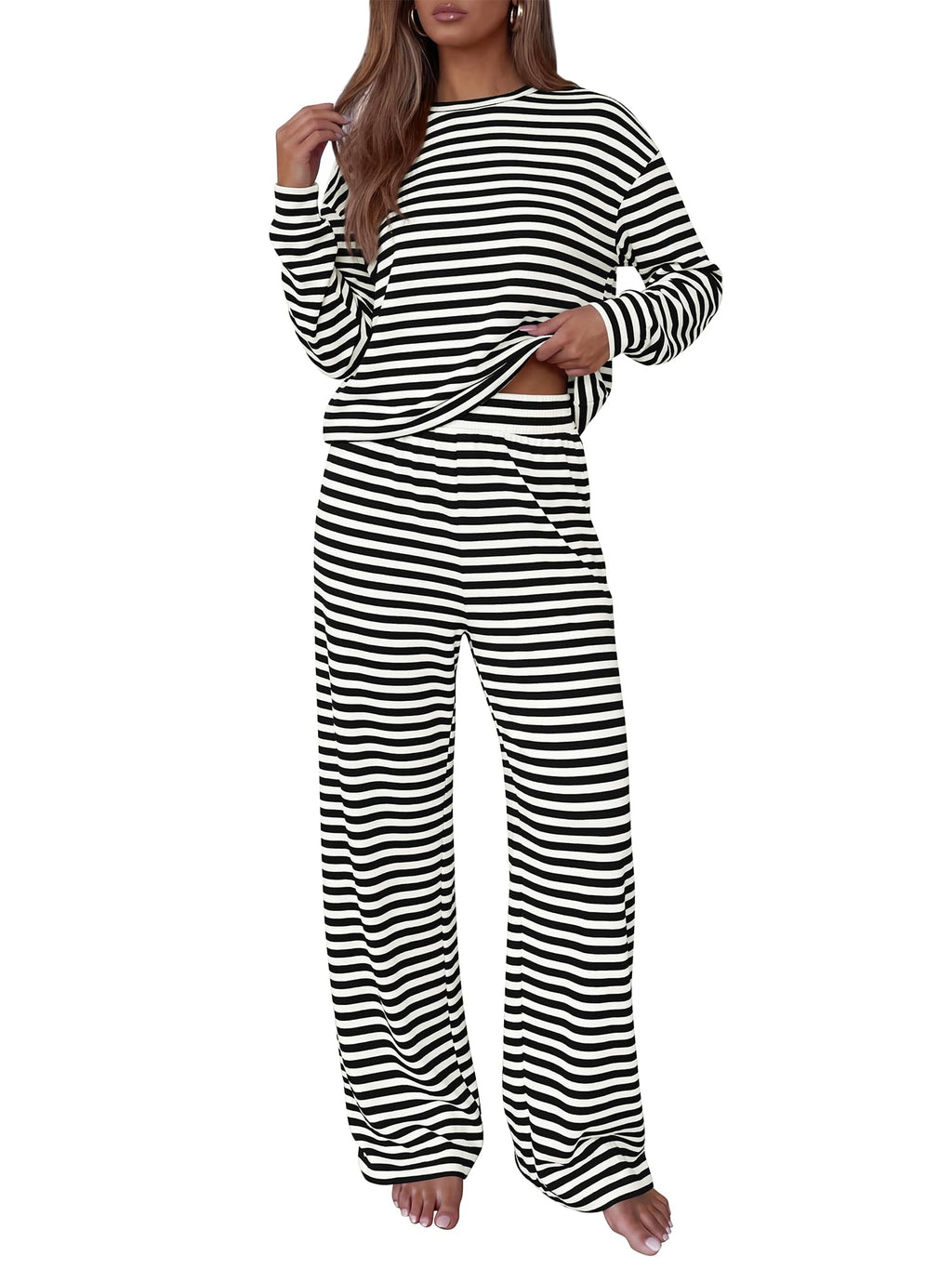 BTFBM Striped Lounge Set Sweatsuits Women 2 Piece Outfit | Womens Pajama Sets, Crew Neck Sweatshirt and Wide Leg Pants, Pockets, Airport, Travel, Vacation Outfits, Fall Winter Clothes