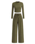 BTFBM Casual 2 Piece Sets For Women Fall Outfits Ribbed Spring Long Sleeve Crop Top Wide Leg Pants Matching Lounge Set