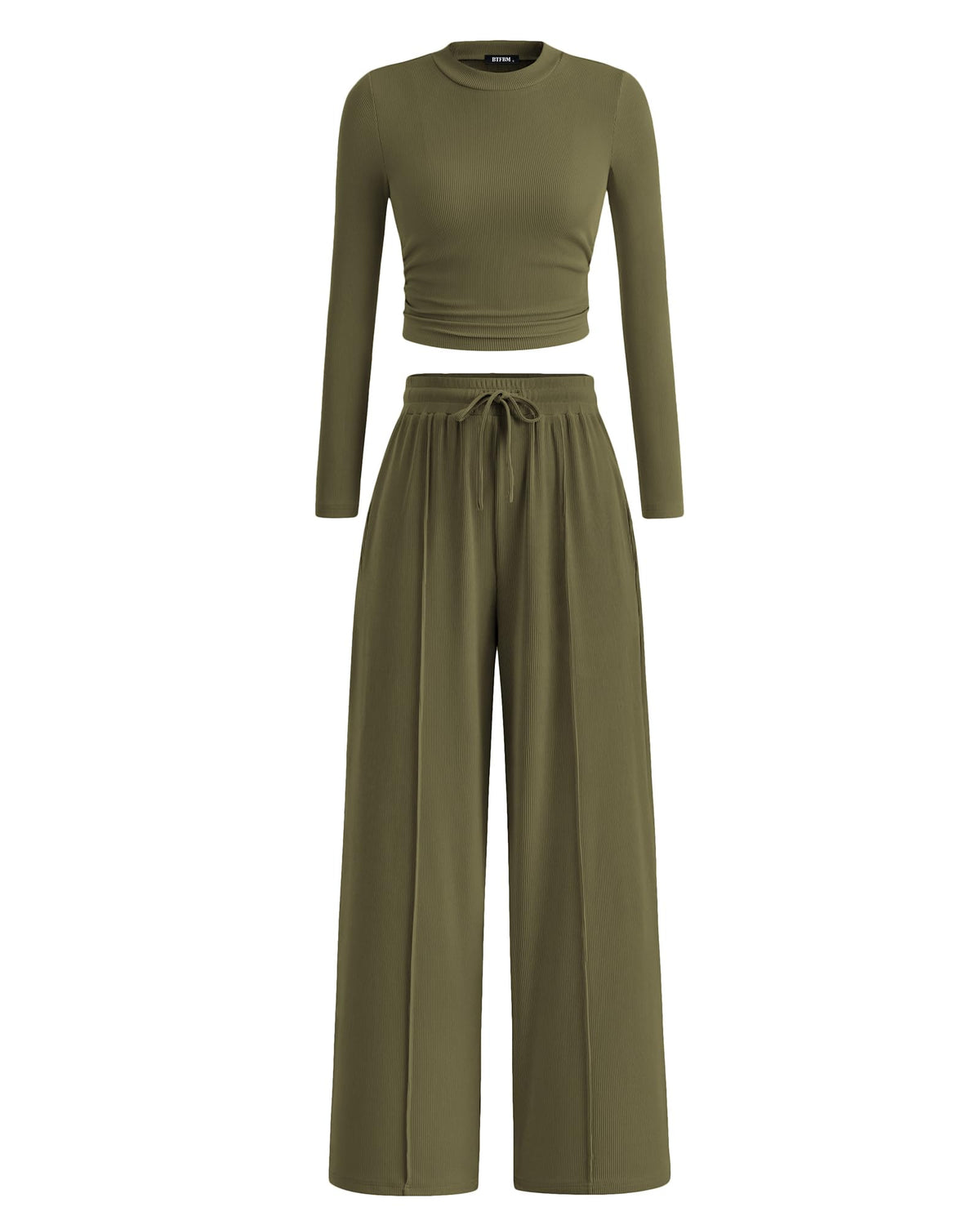 BTFBM Casual 2 Piece Sets For Women Fall Outfits Ribbed Spring Long Sleeve Crop Top Wide Leg Pants Matching Lounge Set