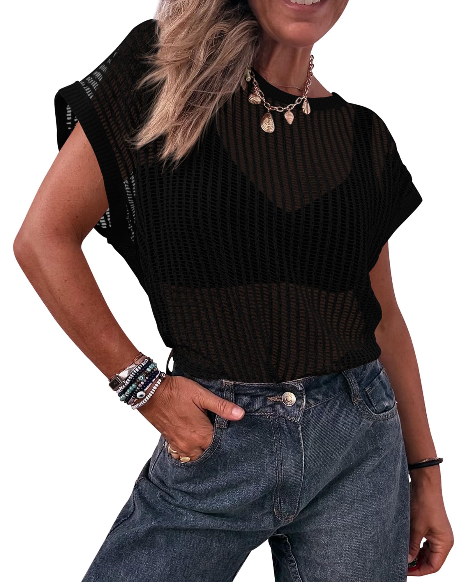 FreshPretty Beach Cover Ups for Women Crochet Mesh Top Boho Lightweight Summer Sweater Cruise Resort Wear Vacation Outfits