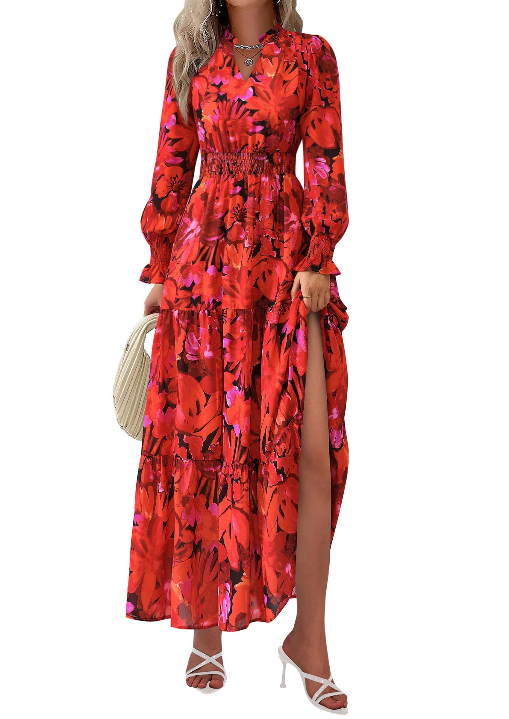 PRETTYGARDEN Women's Floral Maxi Dress Fall Long Sleeve V Neck Casual A Line Long Flowy Boho Party Dresses