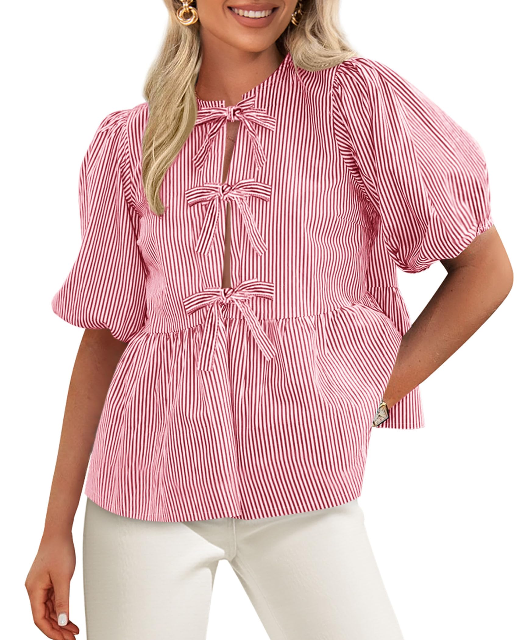 PRETTYGARDEN Women's Tie Front Striped Shirt Summer Trendy Fashion Cute Babydoll Tops Peplum Puffy Sleeve Blouse