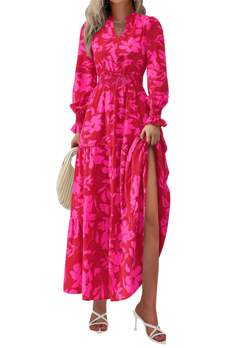 PRETTYGARDEN Women's Floral Maxi Dress Fall Long Sleeve V Neck Casual A Line Long Flowy Boho Party Dresses