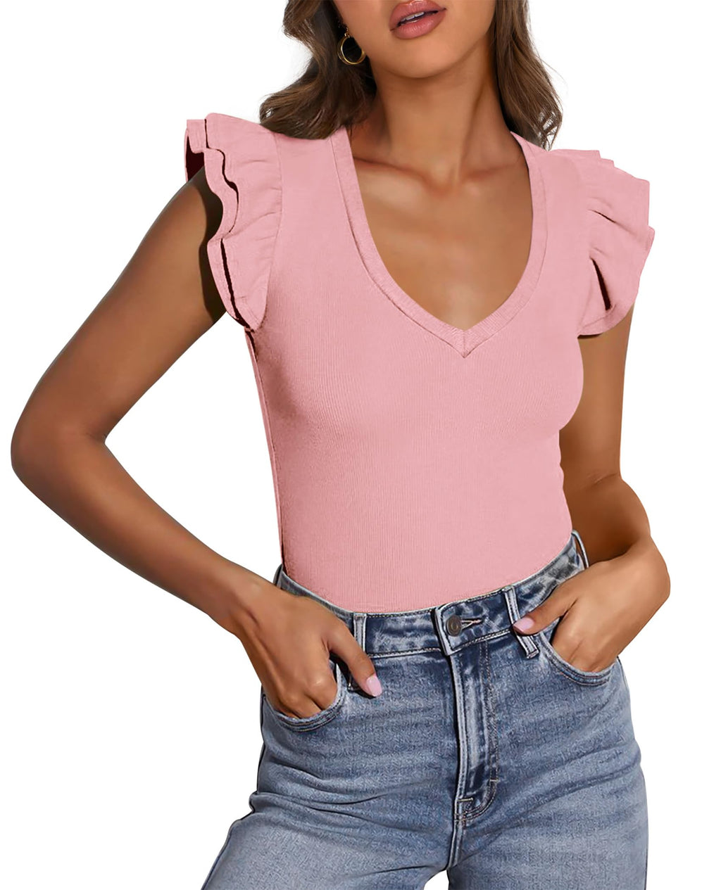 PRETTYGARDEN Womens V Neck Summer Tops Ruffle Sleeveless Slim Fit T Shirts Going Out Casual Blouses