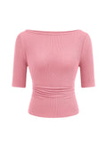 PRETTYGARDEN Womens Summer Short Sleeve Tops Boat Neck Ribbed Knit Slim Fit T Shirt Casual Basic Top Spring Clothes