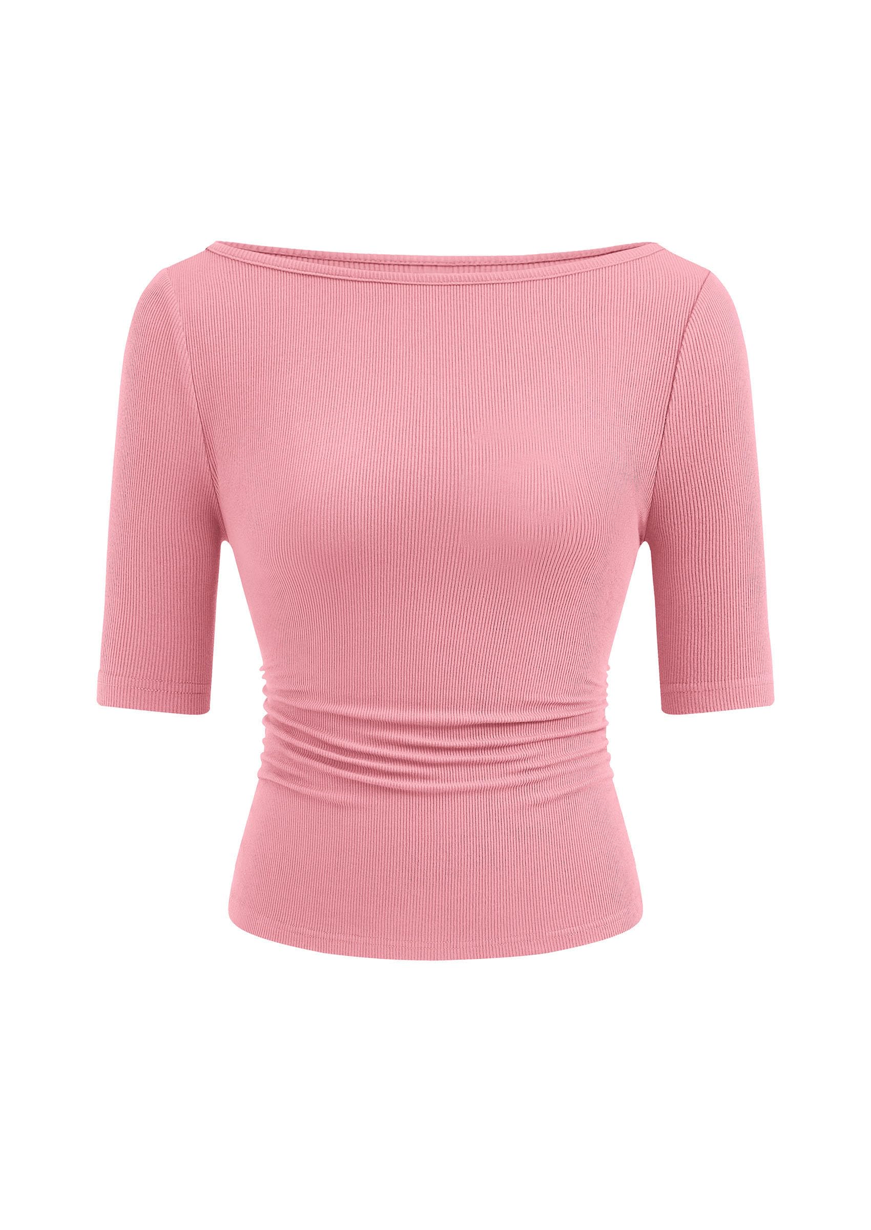PRETTYGARDEN Womens Summer Short Sleeve Tops Boat Neck Ribbed Knit Slim Fit T Shirt Casual Basic Top Spring Clothes
