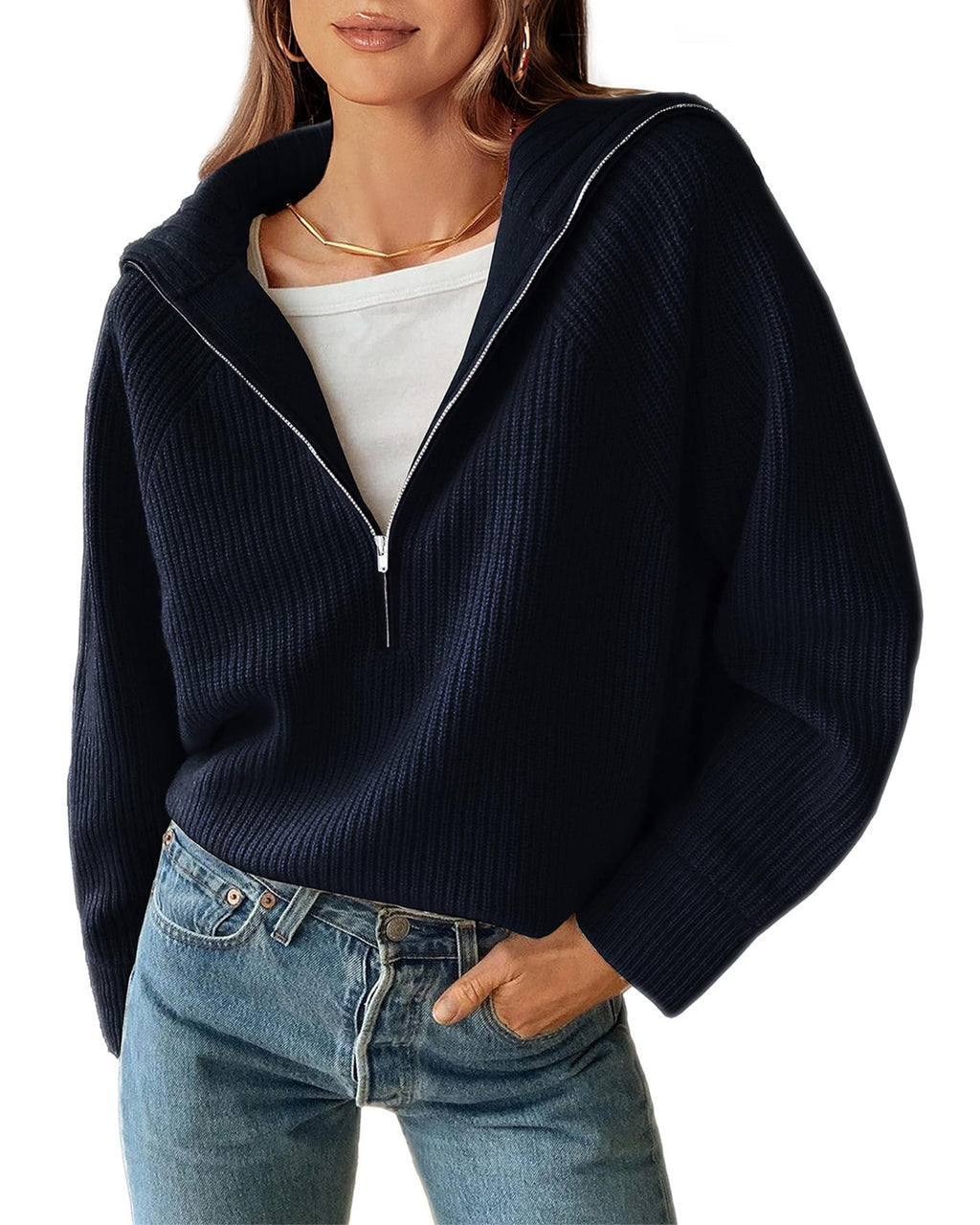 BTFBM Womens Sweaters Quarter Zip Pullover V Neck Collar Long Sleeve Ribbed Knit Loose Casual Winter Fall Sweater