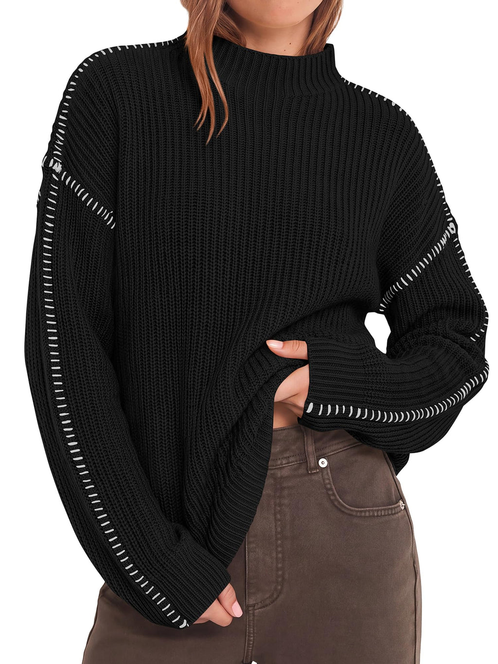 "BTFBM Womens Oversized Sweaters Contrast Chunky Knit Sweater Loose Fit Mock Neck Long Sleeve Tops, Soft Cozy Knitwear, Fall Fashion 2026, Casual Winter Clothing, Daily Going Out Outfits"