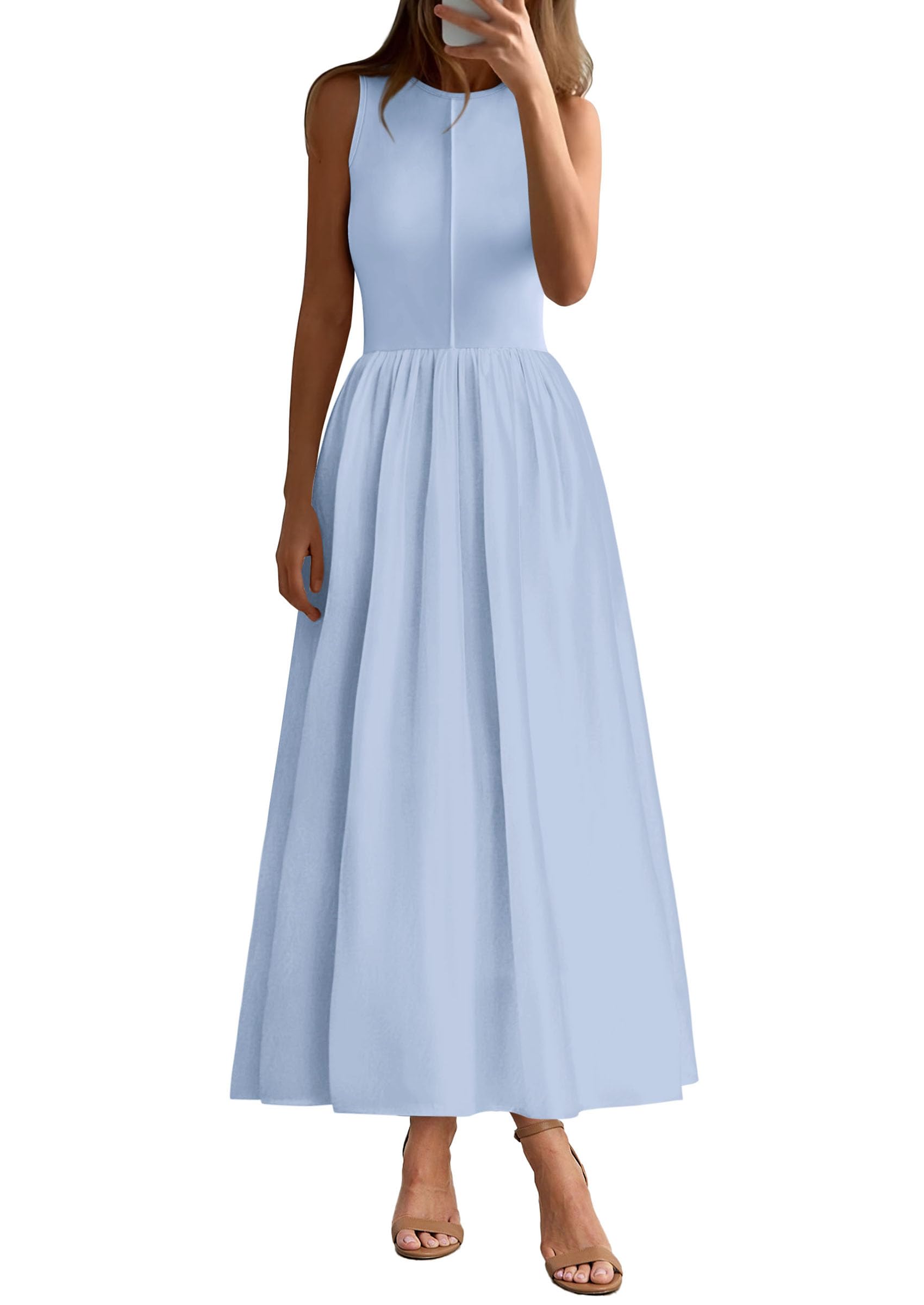 PRETTYGARDEN Maxi Dresses for Women Summer Casual Sleeveless Patchwork Flowy Vacation Sundress Knit Long Work Tank Dress