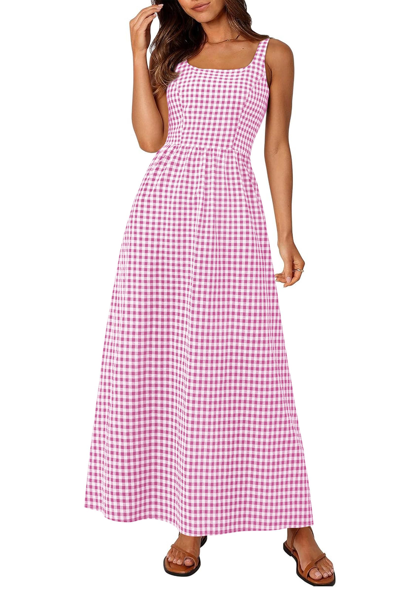 PRETTYGARDEN Women's Summer Spaghetti Strap Maxi Dresses Plaid Square Neck A Line Casual Beach Vacation Long Sundress