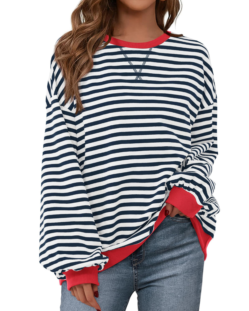 BTFBM Sweatshirt For Women Summer Crewneck Long Sleeve Oversized Striped Pullover Tops Y2K Clothes Workout Shirt