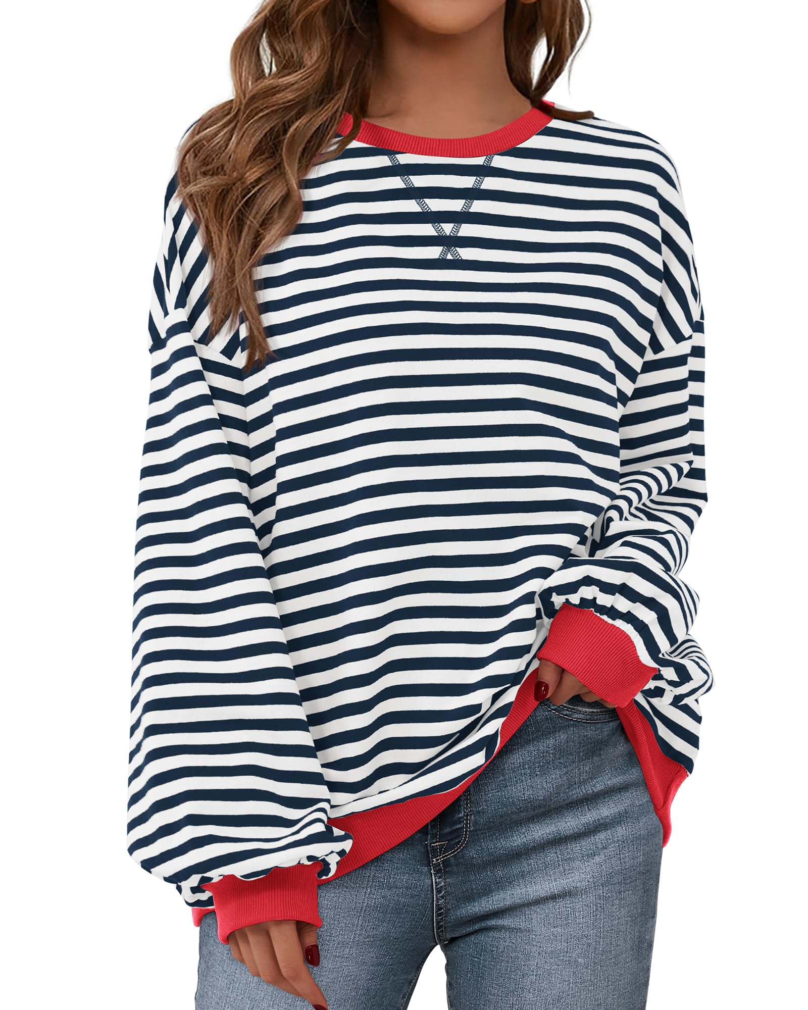 BTFBM Sweatshirt For Women Summer Crewneck Long Sleeve Oversized Striped Pullover Tops Y2K Clothes Workout Shirt