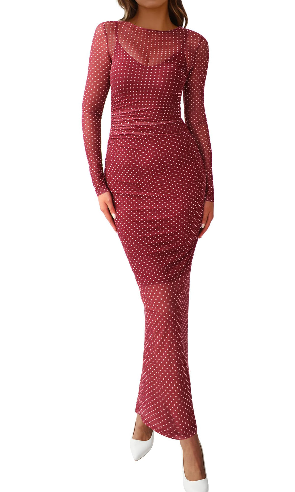 BTFBM Spring Dresses for Women 2 Piece Set Long Sleeve Polka Dot Sexy Bodycon Mesh Dress and Slip Dress Wedding