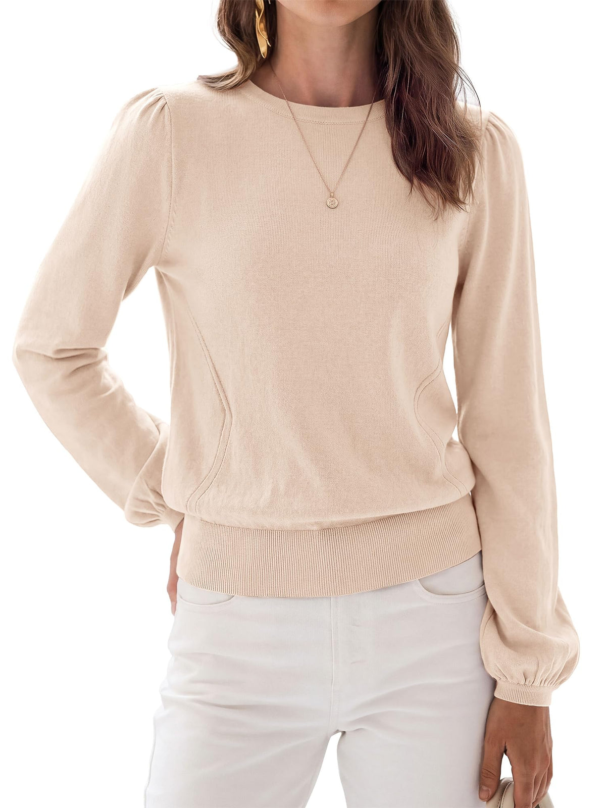 FreshPretty Womens Sweaters Lightweight Puff Sleeve Knit Tops,Soft Knitted Pullover Top,Crew Neck Basic Tunic Shirts,Ribbed Hem,Fall Fashion Dressy Casual Work Office Blouses
