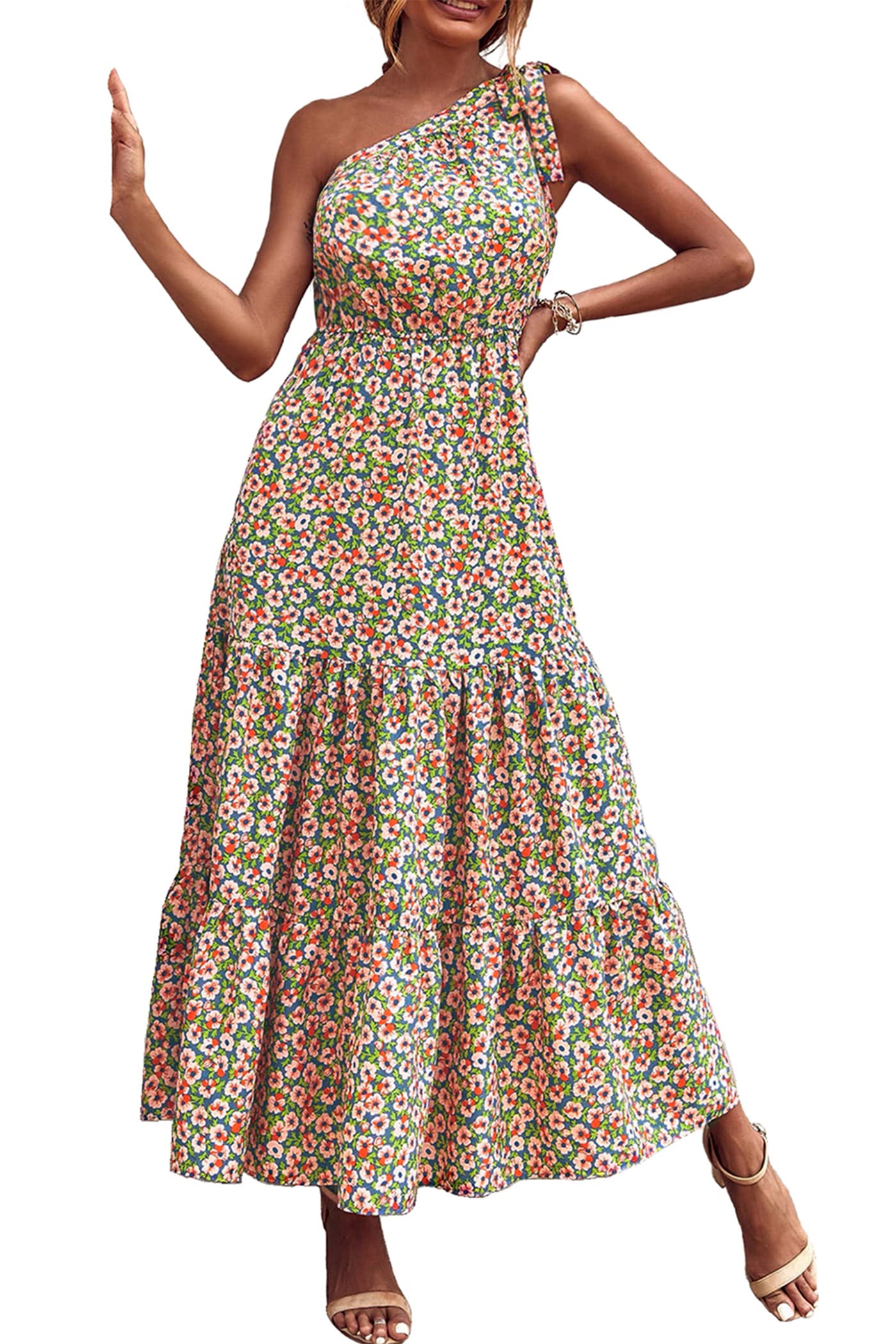 PRETTYGARDEN Women's Summer Floral One Shoulder Maxi Dress Knot Ruffle Boho Beach Vacation Wedding Guest Long Sun Dresses