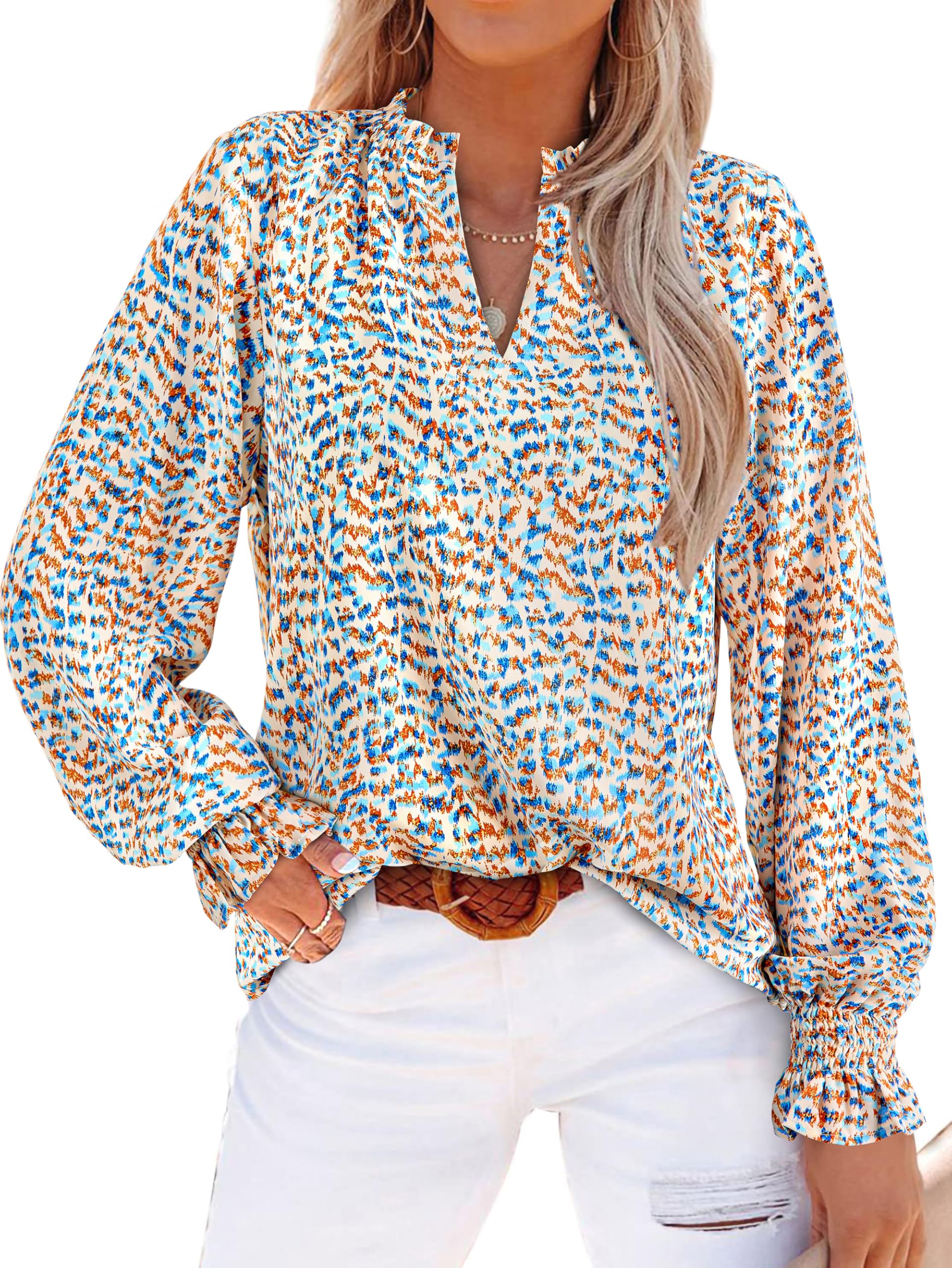 FreshPretty Womens V Neck Floral Long Sleeve Tops Summer Casual Loose Puff Sleeve Chiffon Boho Work Blouse Dressy T Shirts