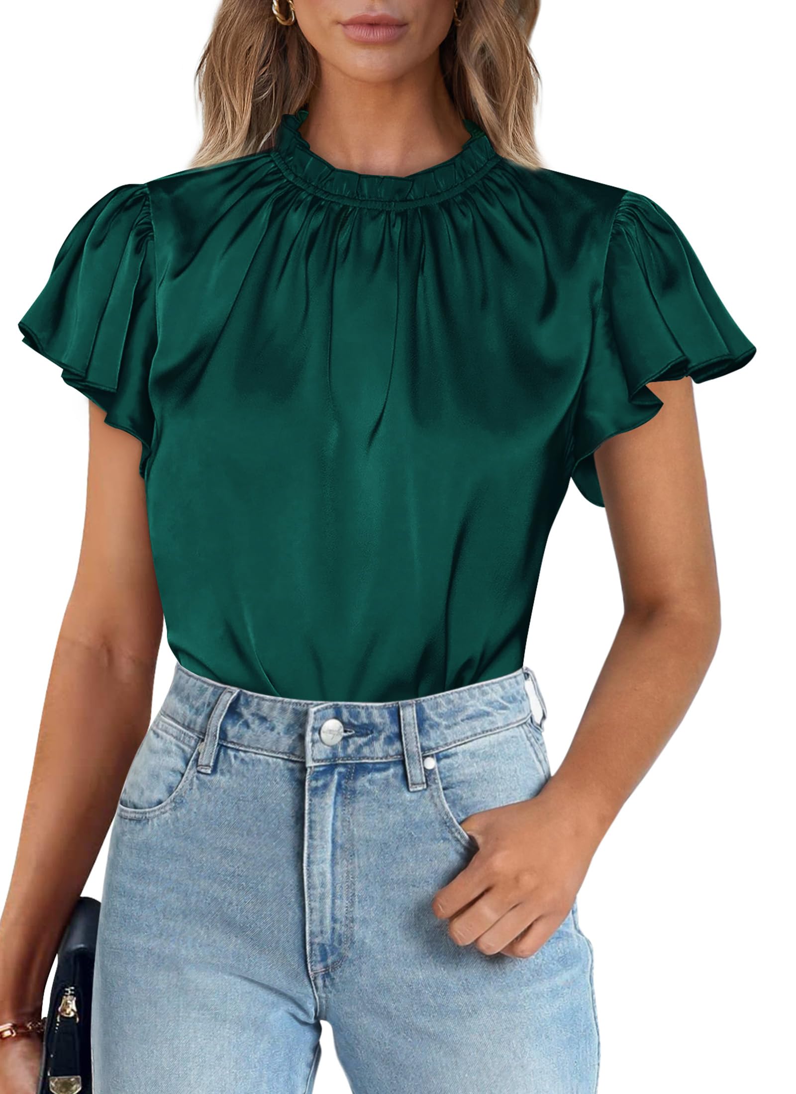 PRETTYGARDEN Business Casual Tops for Women Blouses Dressy  Summer Short Sleeve Ruffle Satin Work Office Attire