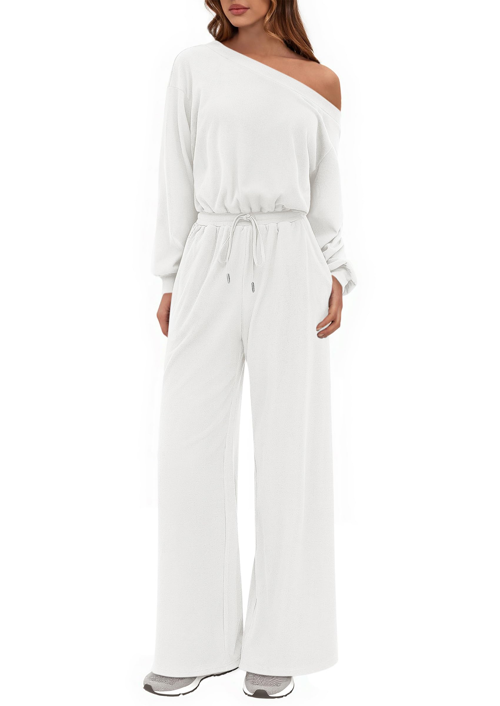 PRETTYGARDEN Long Sleeve Jumpsuit For Women Dressy Off Shoulder One Piece Loose Wide Leg Jumpsuits Casual Flowy Romper