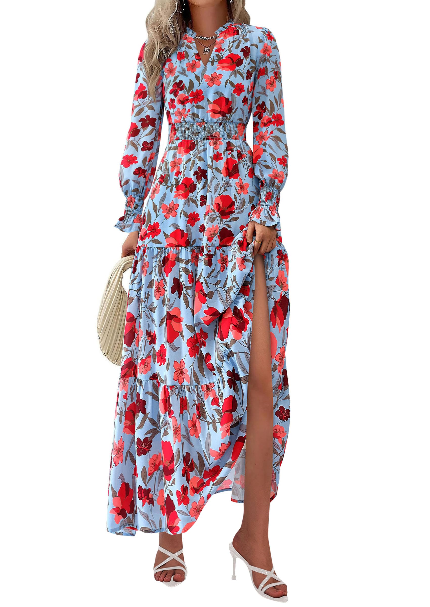 PRETTYGARDEN Women's Floral Maxi Dress Fall Long Sleeve V Neck Casual A Line Long Flowy Boho Party Dresses