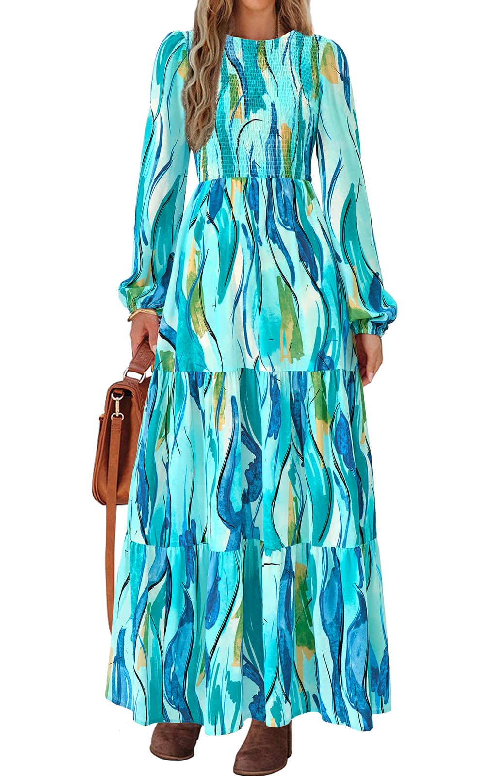 PRETTYGARDEN Women's Fall Dresses Long Sleeve Flowy Casual Floral Maxi Dress Crew Neck Smocked Tiered Long Dress