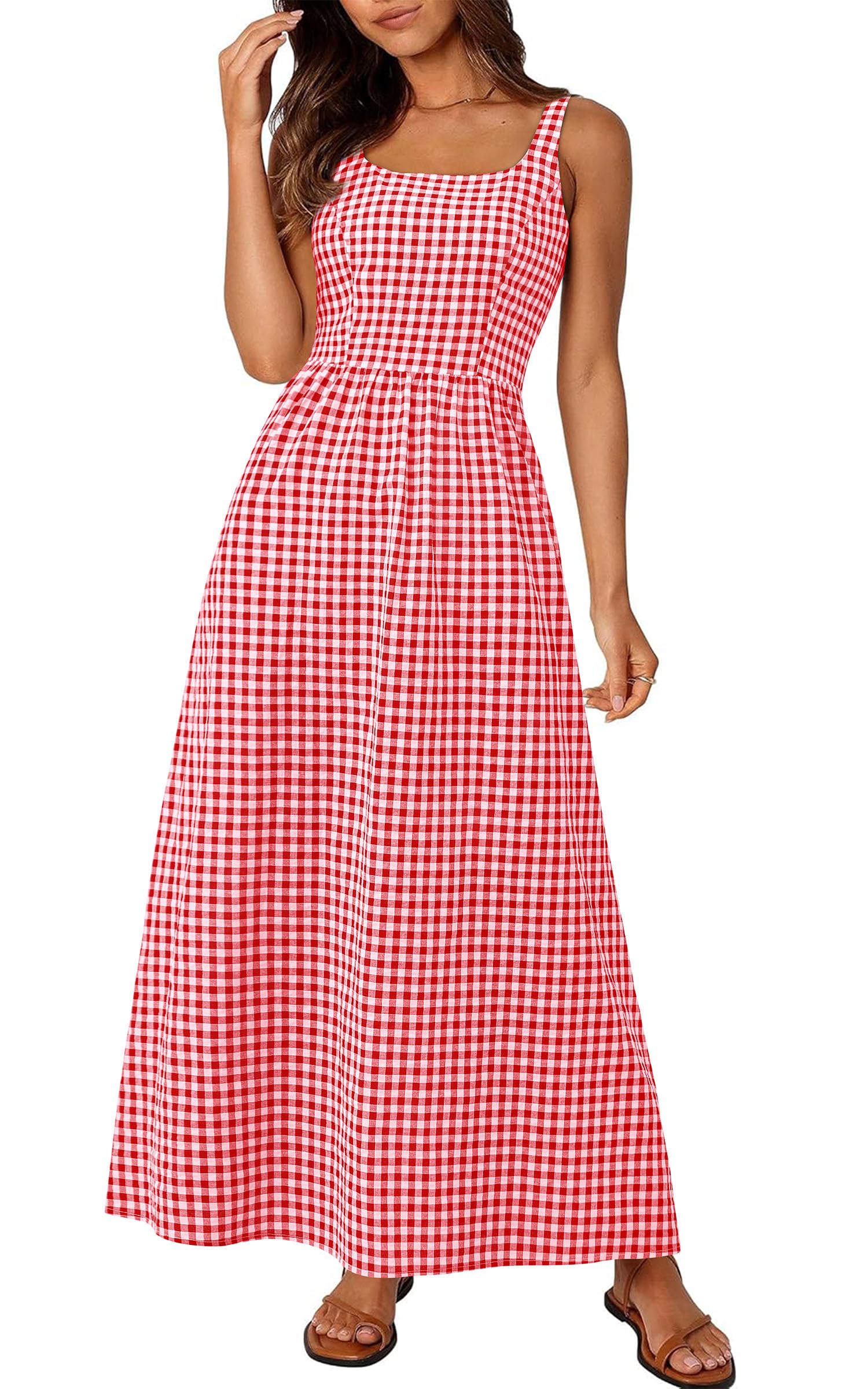 PRETTYGARDEN Women's Summer Spaghetti Strap Maxi Dresses Plaid Square Neck A Line Casual Beach Vacation Long Sundress