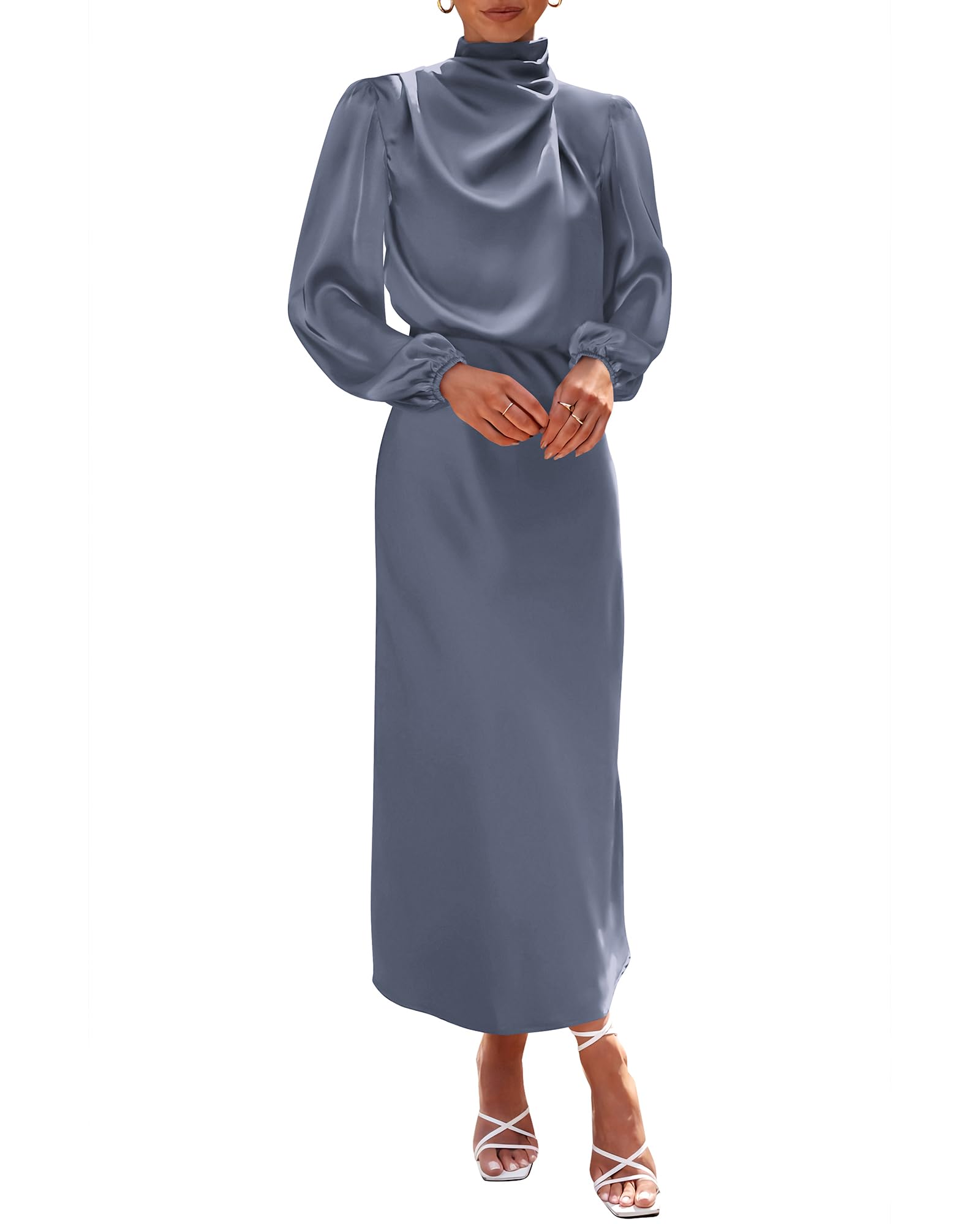 BTFBM Womens Mock Neck Satin Dress Spring Summer Long Sleeve Lightweight Formal Wedding Party Maxi Cocktail Dresses