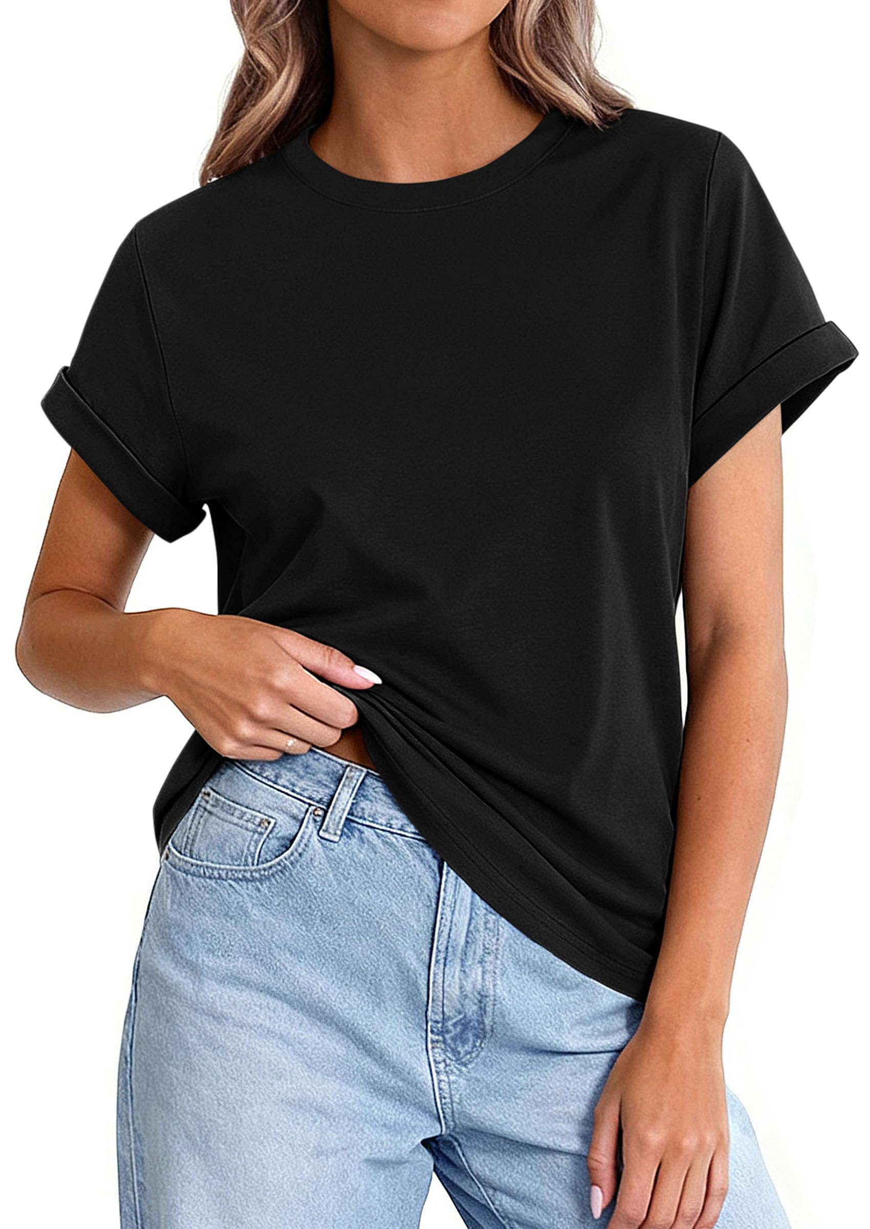 PRETTYGARDEN Womens Summer Tops Spring Casual Rolled Short Sleeve Basic Tees Crew Neck Work Shirts Fashion Clothing